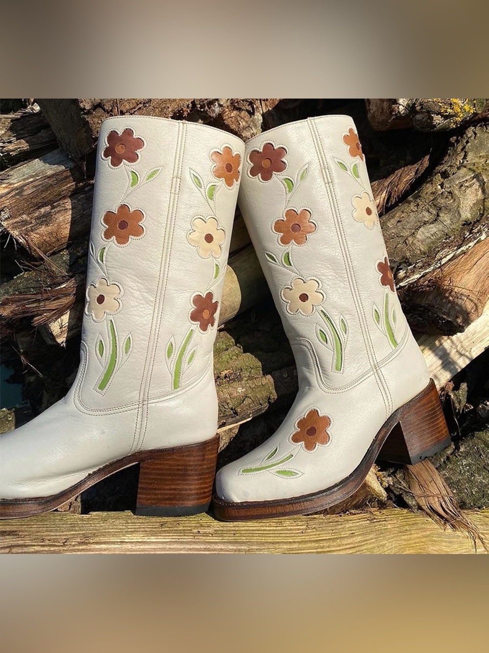 NWT-Knee High Riding Boots with Flowers Square Toe Chunky Heel Motorcycle Boots - Picture 2 of 11
